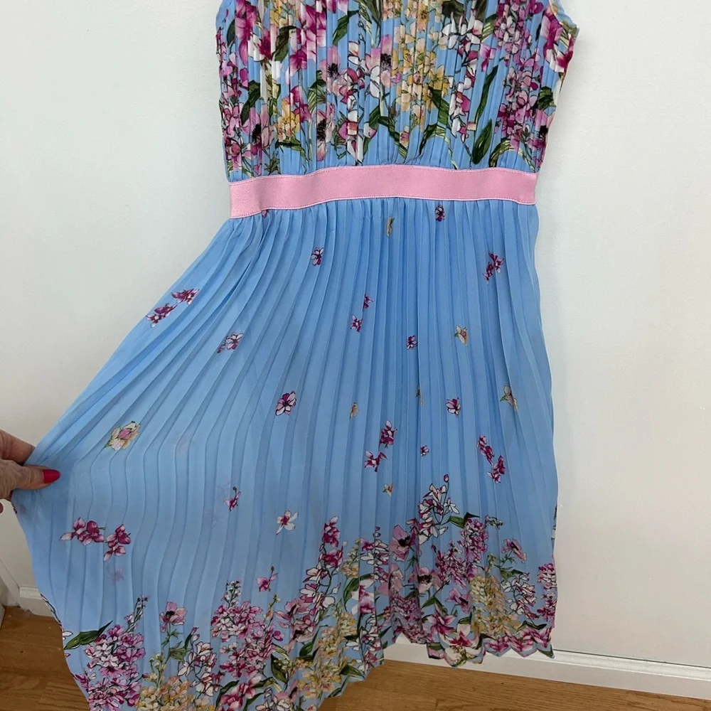 Blue Floral Girls' Dress with Pink Waistband